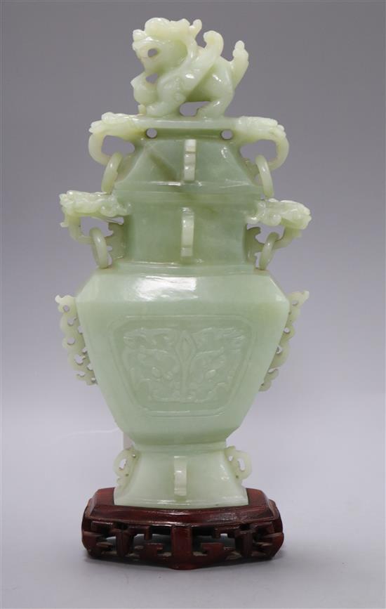 A Chinese bowenite jade vase, cover and stand in box